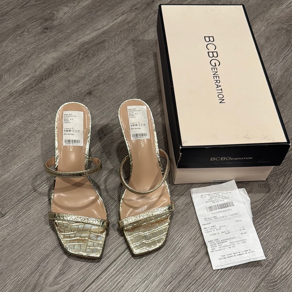 BCBGeneration Gold Strappy Heeled Sandals size 8.5